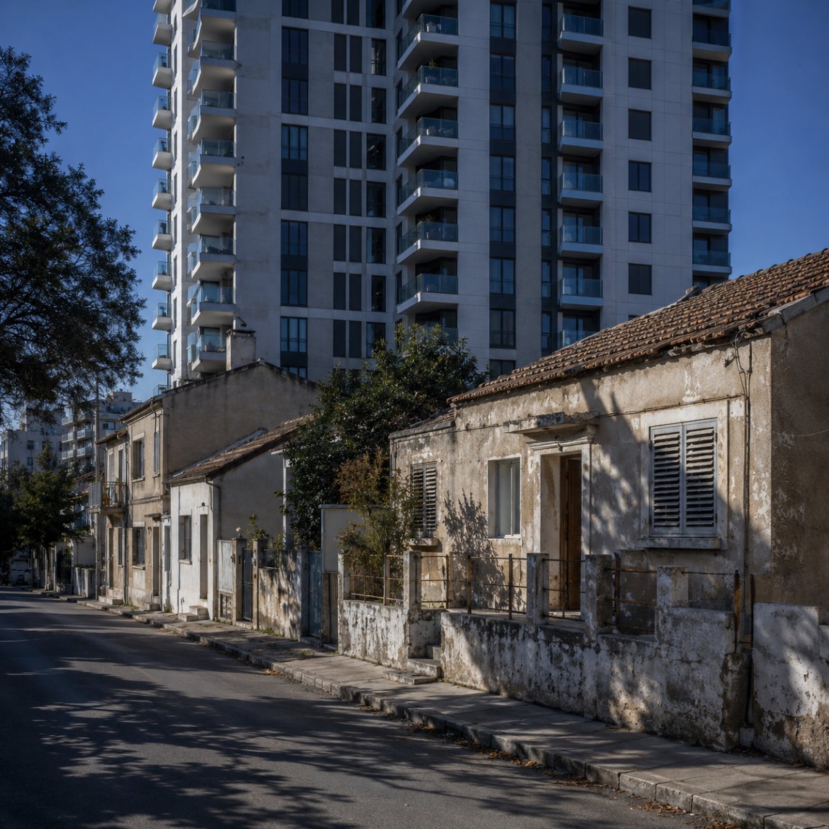 רחוב מגורים שבו מגדל גבוה מצל על בתים נמוכים ישנים