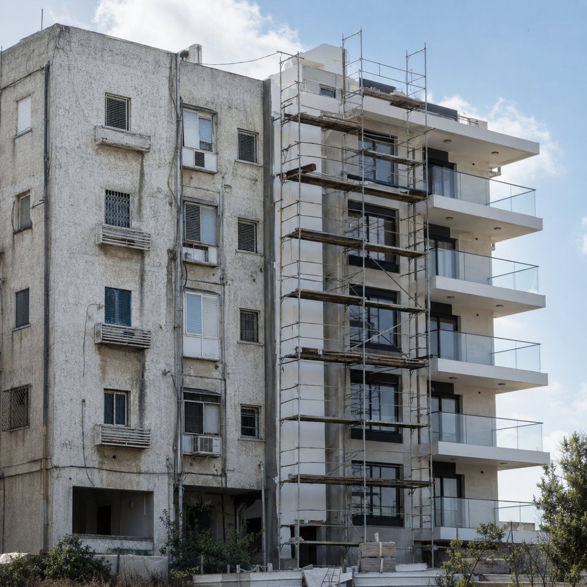 בניין מגורים ישן באמצע שיפוץ, עם פיגומים ומרפסות חדשות בקומות העליונות